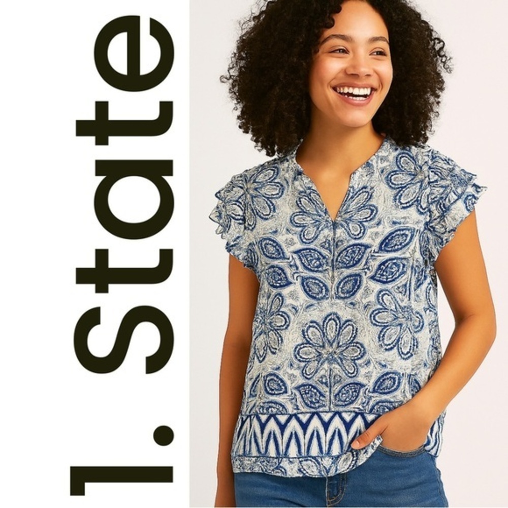 1. State Women's Flutter Sleeved Blue Patterned Top